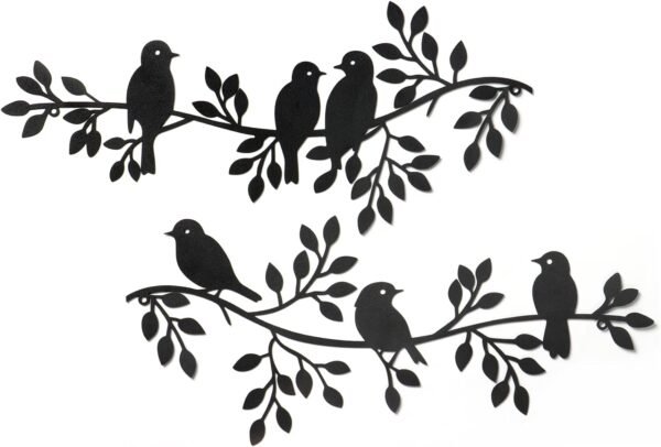 b-1 Lasani Wood Bird Wall Decor – 6 Birds on Olive Branch, Wooden Silhouette Hanging Art for Indoor & Outdoor Spaces