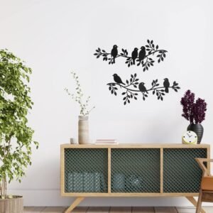 Lasani Wood Bird Wall Decor – 6 Birds on Olive Branch, Wooden Silhouette Hanging Art for Indoor & Outdoor Spaces