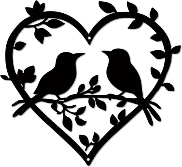c-1 Bird on Branch Wooden Wall Art – Heart-Shaped Silhouette with Leaves, Hanging Decor for Home, Garden & Living Room