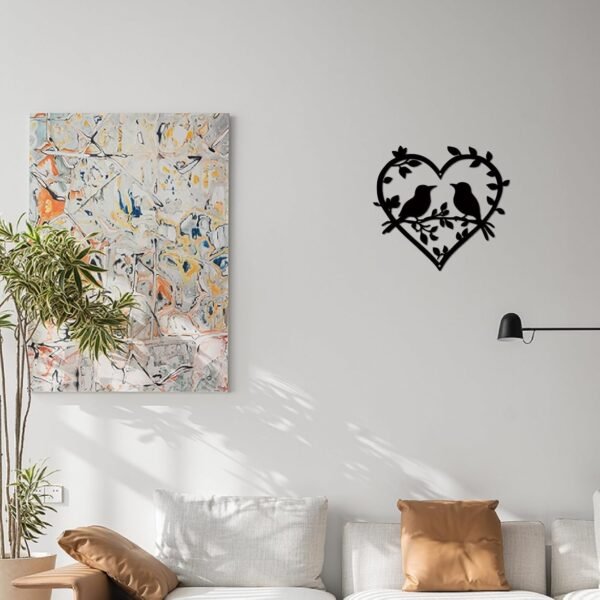 c-3 Bird on Branch Wooden Wall Art – Heart-Shaped Silhouette with Leaves, Hanging Decor for Home, Garden & Living Room
