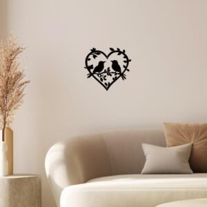 c-4 Bird on Branch Wooden Wall Art – Heart-Shaped Silhouette with Leaves, Hanging Decor for Home, Garden & Living Room