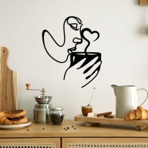 Wooden Wall Art Decor – Black Wood Coffee Sign, Woman Drinking Coffee Sculpture for Kitchen, Home & Office